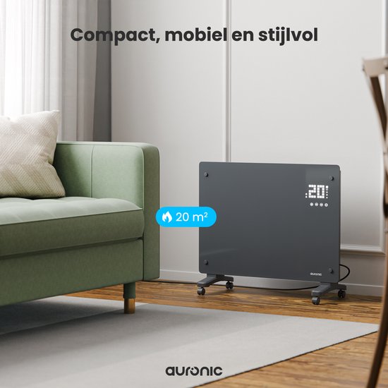 Auronic Electric Heater - Convector Heater with Thermostat and Remote Control - Glass Panel Heater - 1500W Heater - Grey