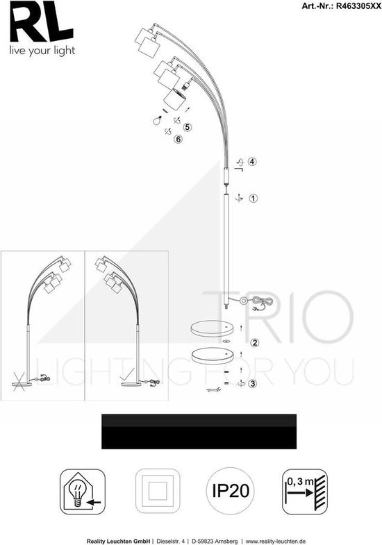 REALITY TOMMY Lampadaire - Noir - couleur or - excl.5xE14 - IP20 - H200cm