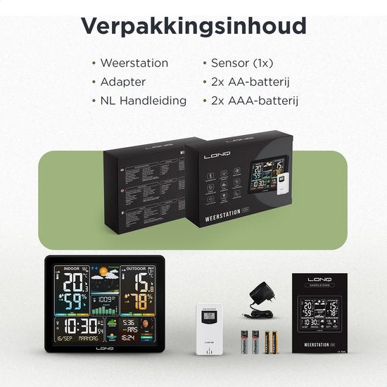 LONQ Station météo intérieure et extérieure Q5 - Piles incluses - Station météo sans fil avec capteur extérieur - Thermomètre Hygromètre - Affichage couleur - Horloge contrôlée par DCF