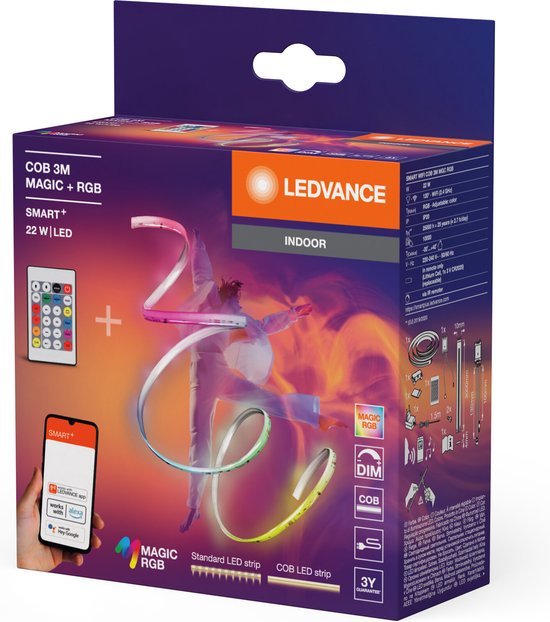 LEDVANCE Bande lumineuse à LED SMART WIFI, télécommande incluse, avec contrôle des couleurs MAGIC RGB, technologie COB pour un effet lumineux homogène, 22 W, longueur 3 m, pour l'intérieur, LED non remplaçables