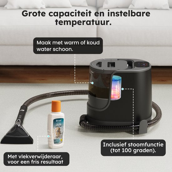 Nettoyeur de taches - Set de 7 pièces - Nettoyeur de tapis avec fonction vapeur - Inc. Détachant - Nettoyeur à vapeur - jusqu'à 100°C - Noir - par Saaf