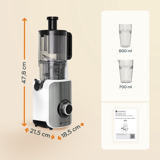 KitchenBrothers Slowjuicer - Vertical - Presse-agrumes - Presse-légumes et fruits - 126 mm - 750 ml - Blanc nacré / Blanc