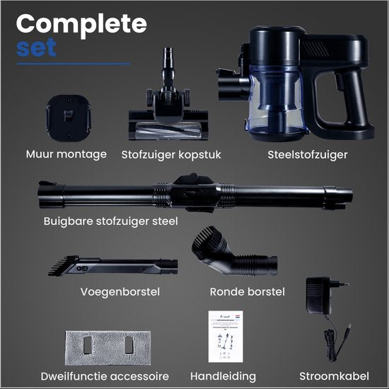 Aspirateur à manche - Saaf G80 - 100W - Fonction serpillière - Manche pliable - 8 pièces - Aspirateur sans sac - Sans fil - Noir