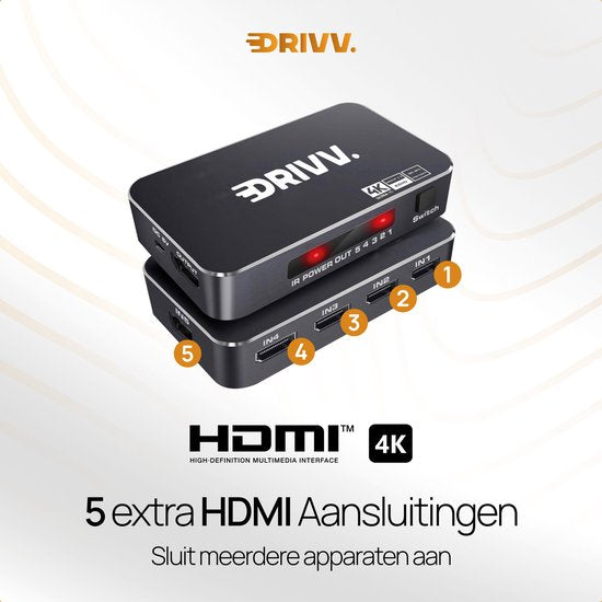 Drivv. Commutateur HDMI 4K 60Hz - 5 entrées 1 sortie - Télécommande incluse - Commutation automatique - Supporte 720p/1080p/4K/3D - Noir