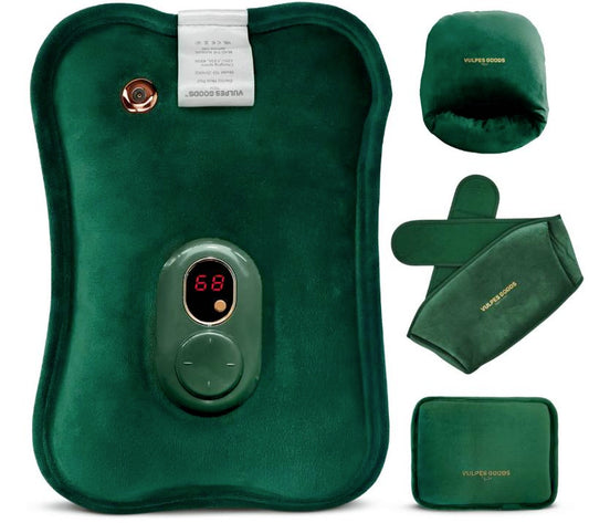 Vulpes Goods® - Pichet électrique - Flanelle verte douce - Affichage numérique - Comprend un chauffe-mains, un chauffe-pieds et une sangle chauffante - Rechargeable et sans fil - Contre les douleurs menstruelles
