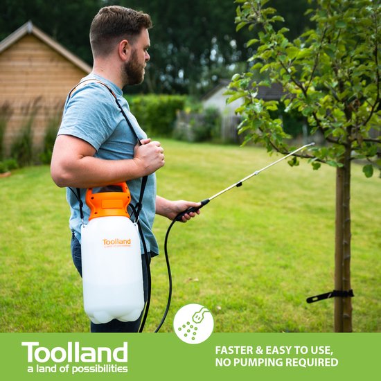 Toolland Pulvérisateur à pression, électrique, batterie rechargeable, lance télescopique, tête de pulvérisation réglable, bandoulière, 8 litres, blanc/orange/noir