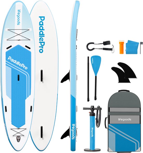 LifeGoods SUP Board Tandem - 2 personnes - 220 KG de capacité de charge - 381 x 86 cm - Gonflable - Pack Sup complet - Bleu ciel