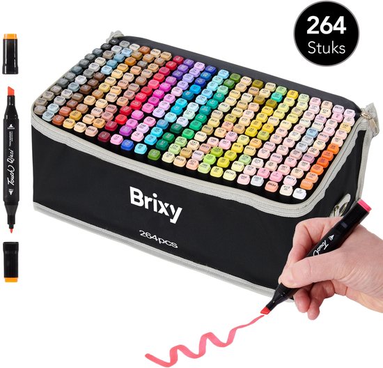 Brixy Twinmarkers 264 pièces - Marqueurs professionnels à alcool - pointe double face - marqueurs - sac de rangement avec support