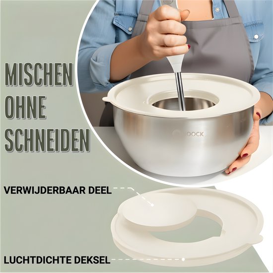 COOCK inox - Set de bols à mélanger avec couvercle - Bols à frire avec couvercle - Bol de stockage avec râpe - Bol pour salades et mélanges - Set de 22 pièces de 1,5 à 5 litres - Beige - Cuillères à mesurer incluses