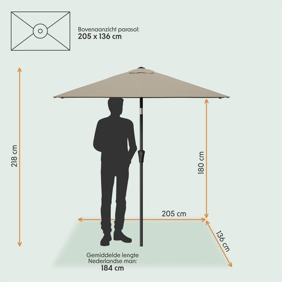 LifeGoods Parasol - Jardin - 210x140cm - 30° inclinable - Imperméable - UPF50+ - Taupe