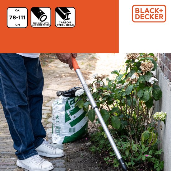 BLACK+DECKER Râteau - Râteau de jardin télescopique - manche extensible de 78 à 111 CM - Râteau à feuilles - Outils de jardin Manche en aluminium et tête en acier carbone - Inox - Argent/Noir