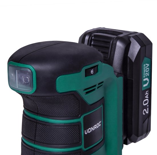 VONROC Ponceuse orbitale aléatoire - VPower 20V - Batterie 2.0Ah et chargeur inclus - Ø125mm - Avec sac à poussière et 12 morceaux de papier de verre