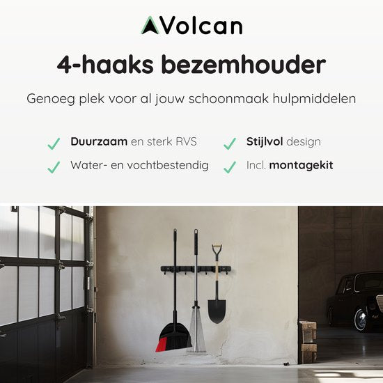 Porte balai Volcan - Système de suspension pour balai - Outils de jardin - Porte-outils - Ruban adhésif 3M - 3 porte-balais 4 crochets - Acier inoxydable noir