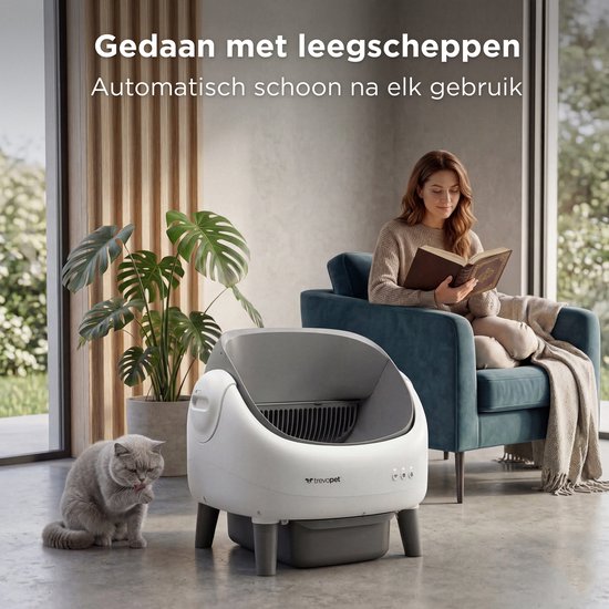 TrevoPet® Air - Bac à litière automatique avec application - autonettoyant et sûr - pour chats jusqu'à 12 kg - tapis, 60 sacs à déchets et accessoires inclus - poubelle de 10 litres - blanc et gris