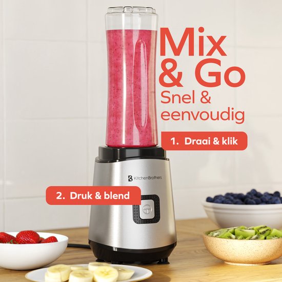 KitchenBrothers Mini Blender - Blender to Go - Smoothie Maker - 2 To-Go Cups 600 ml - acier inoxydable