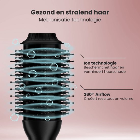 Auronic 4-in-1 Hairdryer Brush - Airstyler - Combs - Styles - Curls - Blow-dry - 37 mm Curling Brush - 360 Degree Airflow - Black/Pink