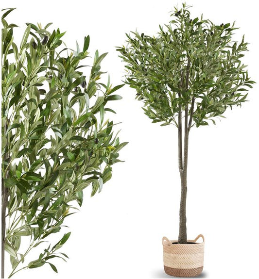tectake® Olivier artificiel Oleand - Plante artificielle méditerranéenne avec feuilles et olives réalistes - Peu d'entretien et polyvalent - Pot de fleurs robuste inclus - Hauteur : 150 cm