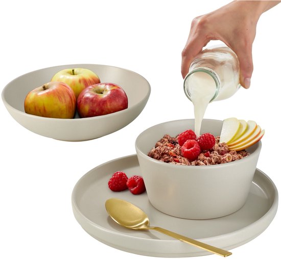tectake® Service de vaisselle Una - 24 pièces - Faïence - 6 personnes - Service de vaisselle élégant et durable - Ensemble d'assiettes avec grandes et petites assiettes, bols, coupes - Taupe