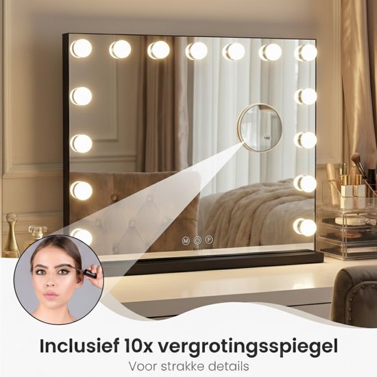 Bayt Hollywood Mirror with Lighting - Miroir de maquillage avec éclairage - Miroir avec éclairage - Dimmable - Grossissement 10x - 58x46cm - Noir