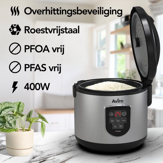 Aviro Rice Cooker - Slowcooker - 1,2L - 7 Fonctions - Fonction maintien au chaud - Cuiseur de riz - Antiadhésif - Multicuiseur - 2-6 personnes - acier inoxydable