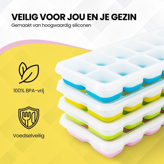 TTD® Moule à glaçons en silicone avec couvercle - Lot de 4 - 14 x 4 glaçons - Empilable - Sans BPA - Les glaçons sont faciles à presser