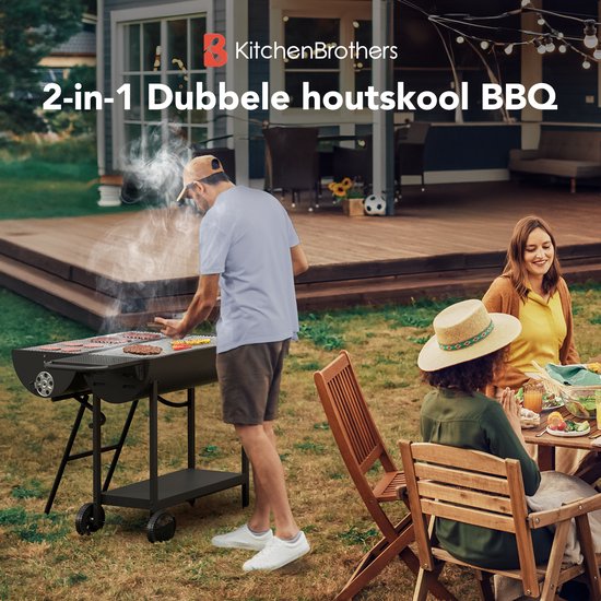 KitchenBrothers 2-in-1 Charcoal BBQ XL - Events réglables - Double BBQ - Tables d'appoint - Grill grill BBQ - Noir