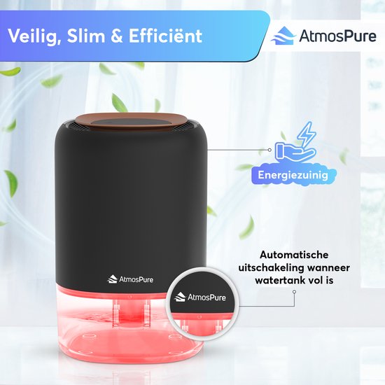 Déshumidificateur AtmosPure® AirDry Compact - Déshumidifie 500 ml par jour - Extrêmement silencieux - LED RGB - Purificateur d'air pour le salon, la chambre et la salle de bain
