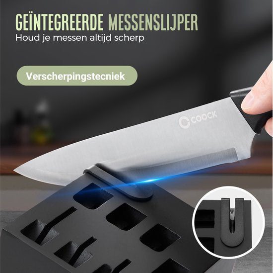 COOCK - Set de couteaux avec bloc et planche à découper pliante - Couteaux de cuisine - Ciseaux - Acier à aiguiser (Aiguiseur de couteaux) - Set d'ustensiles de cuisine 15 pièces dans un bloc à couteaux - Avec revêtement résistant aux rayures - Acier inox