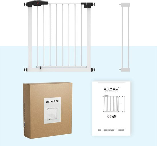 BRASQ Barrière d'escalier sans perçage - Barrière de sécurité - Barrière pour enfants avec extension 75 à 93 cm - Extensible - Fixation par pince - Métal - Barrière pour chiens - Blanc