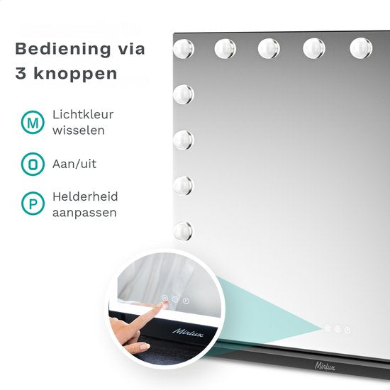 Mirlux Hollywood Mirror 80x60CM - 2 haut-parleurs Bluetooth - ports de charge USB et USB-C - éclairage LED - miroirs de maquillage - zoom 10x - suspendu - noir