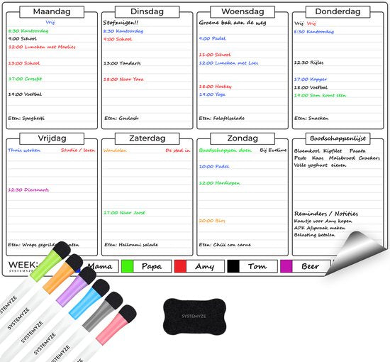 Systemyze Week Planner Whiteboard - Tableau de planning magnétique - Planning mensuel magnétique - Avec marqueurs et gomme - Format A3