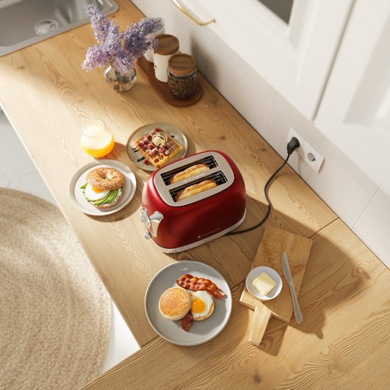 KitchenBrothers Retro Toaster - Grille-pain - 6 niveaux de chaleur - 2 fentes extra-larges - 815W - Rouge