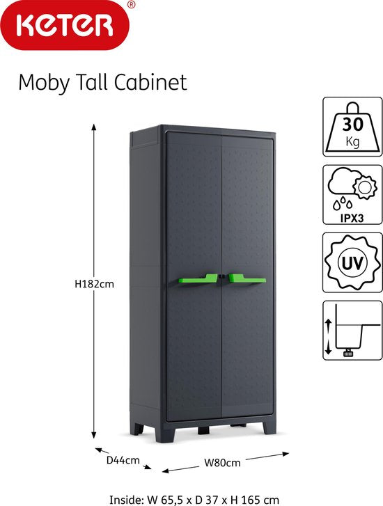 Keter Moby - Armoire haute - 4 étagères - 150kg max - 80x44x182 cm - Plastique - Anthracite