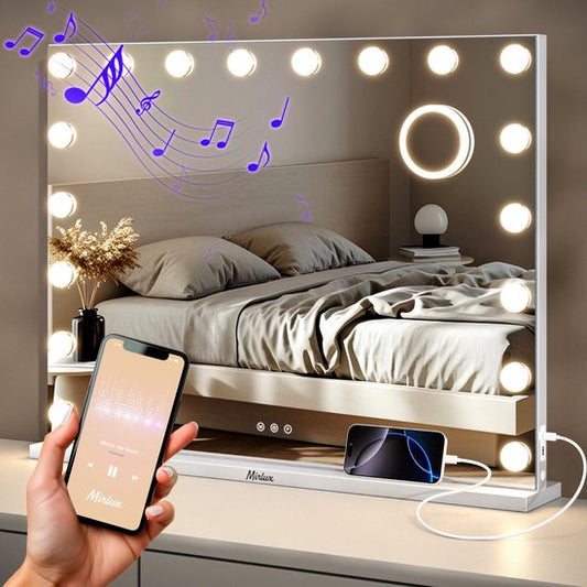 Mirlux Grand miroir hollywoodien 80x60CM - 2 haut-parleurs Bluetooth - ports de charge USB & USB-C - éclairage LED - miroir de maquillage - zoom 10x - à suspendre - blanc
