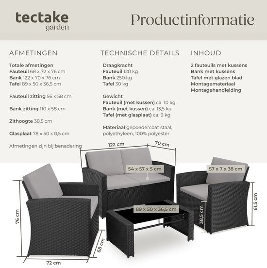 tectake® Ensemble de jardin en osier pour 4 personnes - Banc de jardin 2 places et 2 chaises de jardin - Table avec plateau en verre amovible - Coussins d'assise et de dossier confortables - Ensemble de salon pour jardin, terrasse, balcon - Noir