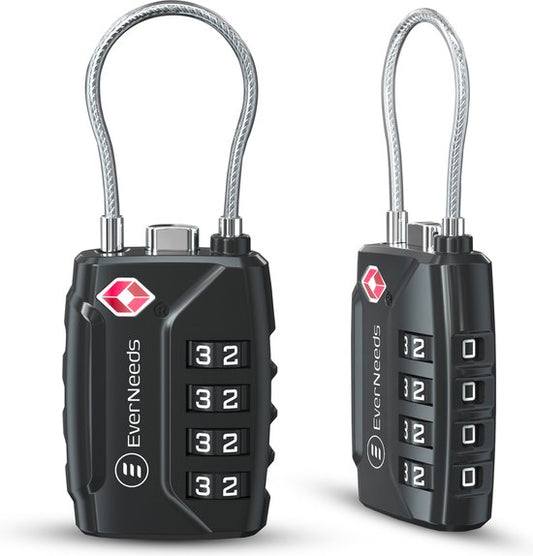 EverNeeds Serrure de valise - Serrure TSA - Cadenas à 4 chiffres - Serrure à chiffres - Noir - 2 pièces