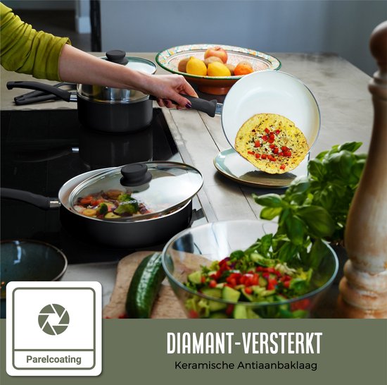 COOCK Batterie de cuisine à induction 19 pièces - Revêtement spécial antiadhésif - Poignées ergonomiques à froid - Aluminium recyclé - Ensemble de poêles à frire - Ensemble de casseroles - Noir/Blanc - Sous-verres et livre électronique inclus