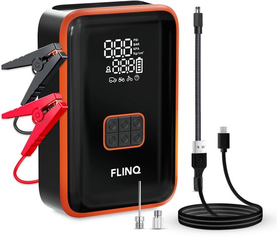 FlinQ 12V Jumpstarter for Car & Motorbike - 4-in-1 Air Compressor, LED Flashlight, SOS Emergency Light & Powerbank - Electric Tyre Pump - Starting Aid - Including Storage Bag