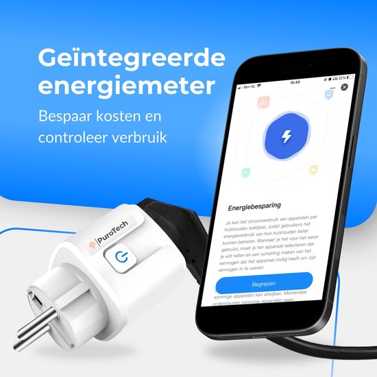 PuroTech Smart Plug - Timer & Energy Meter - Smart Plug - Convient à Alexa / Google Home - Compteur de consommation - Coûts énergétiques