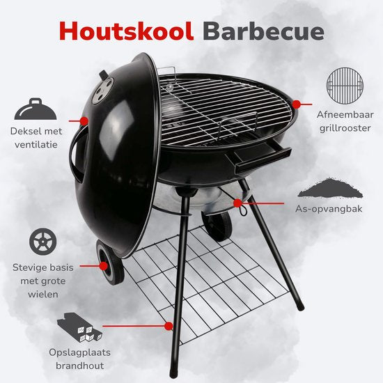 alpina Charcoal BBQ - Barbecue à boule Ø43 cm - Barbecue avec couvercle et roues - Système de ventilation intégré - Cendrier amovible - Noir