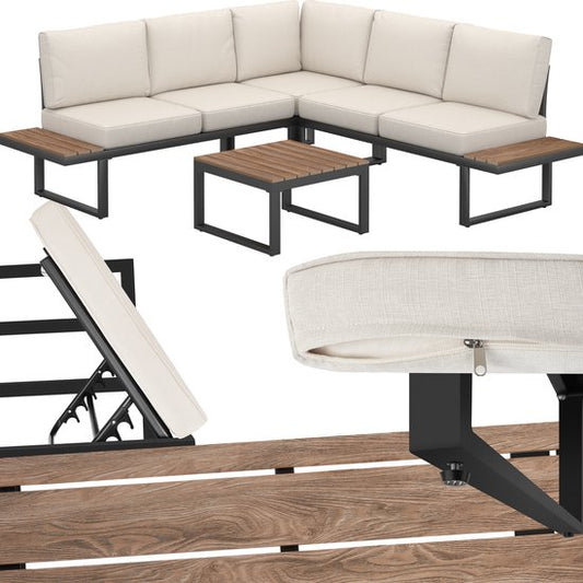 tectake® Garden set - lounge set 4-piece - Salon de jardin résistant aux intempéries avec structure en aluminium et table en polywood - Dossier réglable - Salon de jardin avec coussins - Idéal pour le jardin, le balcon et la terrasse