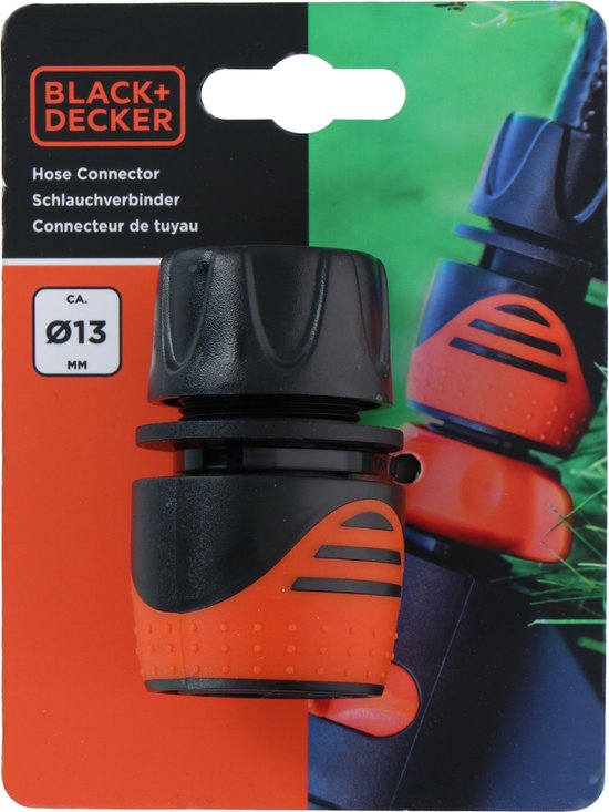 BLACK+DECKER Coupleur de tuyau d'arrosage 1/2'' - Tuyaux d'arrosage ⌀13mm - Plastique - Noir/ Orange