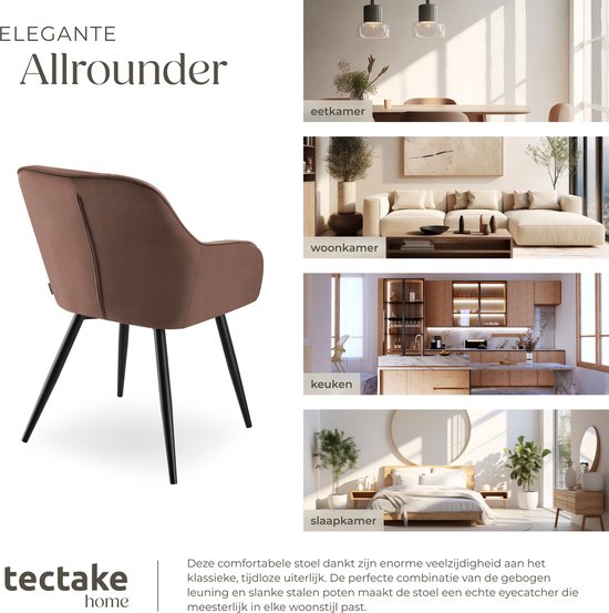 tectake® Dining Chair Marilyn - Chaise tapissée aspect velours - motif de couture - pieds de chaise noirs - chaise de cuisine ergonomique - avec dossier et accoudoirs continus - chaise pour salon, salle à manger, chambre à coucher - marron