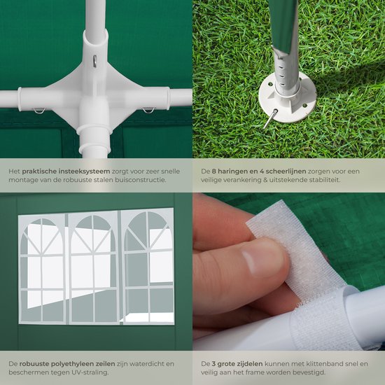 tectake® Pavillon - avec armature renforcée - Tente de réception 3x3 m - Bâche imperméable - Panneaux latéraux amovibles - Pavillon de jardin résistant aux intempéries - Lignes de tension et piquets inclus - Vert - Tente pliante pop-up