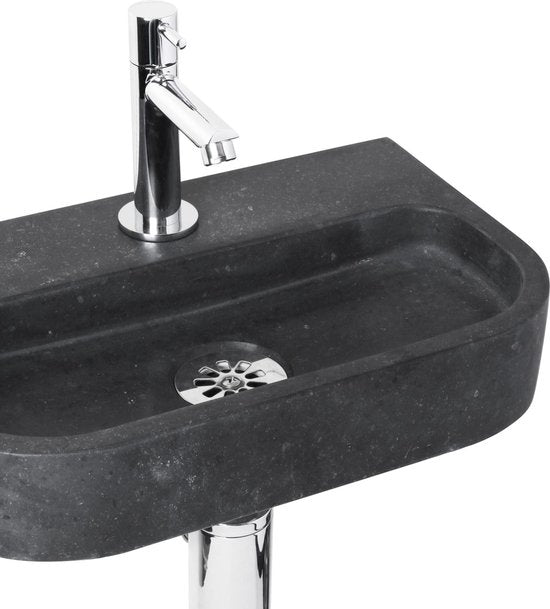 Differnz Fontaine ovale - Evier en pierre naturelle - Noir - Robinet droit - Chrome - Poignée standard - 38 x 24 x 8 cm