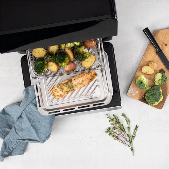 Princess Steam Airfryer Oven 182085 - Friteuse à air chaud - Grande capacité de 10 litres - 12 programmes préprogrammés - Comprend une grille de friture, une plaque de cuisson et une grille de gril - Noir