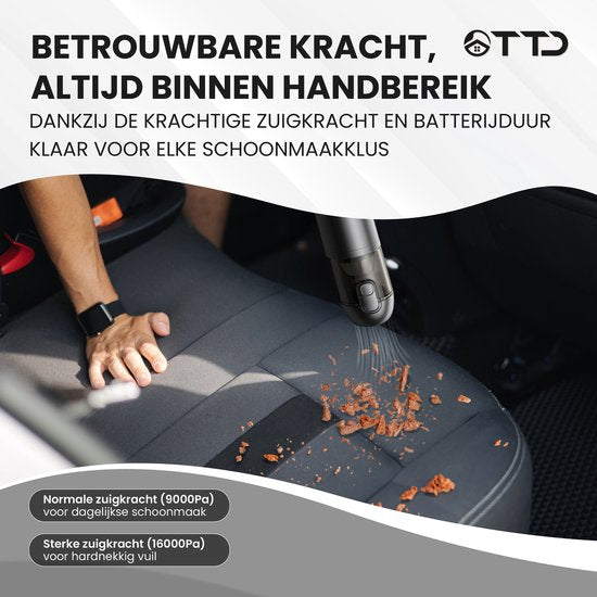 TTD® Premium Auto Vacuum Cleaner Cordless and Rechargeable - 17,000 Pa - Handheld Vacuumer - Blow & Suck - Heat Resistant - Compact design - With HEPA filter