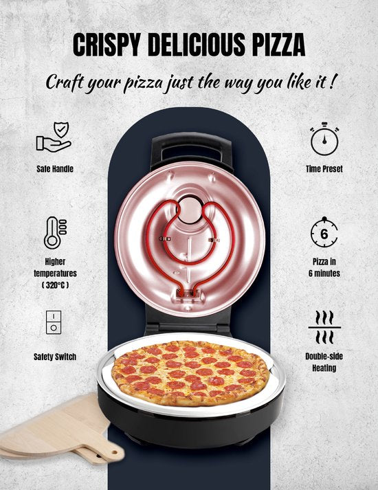 Bestron Turbo Pizza oven pour une pizza en 5-10 minutes, four à pizza électrique avec une température maximale réelle de 320°C, comprend une pierre à pizza et 2 grandes spatules en bois, Black Label, couleur : Noir mat