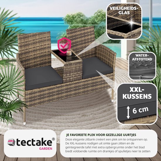 Banc de jardin en osier avec table, Tectake, banc 2 places, 131x61x82 cm, balcon et terrasse, Avec coussin d'assise, naturel/gris foncé, poly-rotin