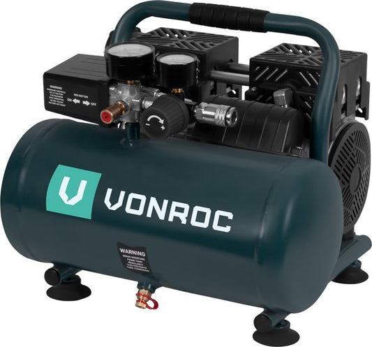 VONROC PRO Compresseur silencieux - sans huile - 750W - 1HP - 128 l/min - 6 Litres - 8 Bar - 57,5dB(A) - Silencieux - Faible niveau sonore - Anthracite